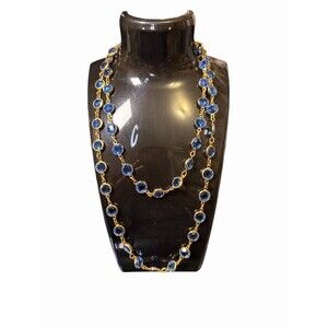 Vintage Austrian Crystal Necklace Womens Blue Faceted Crystal Bezel Necklace 36”